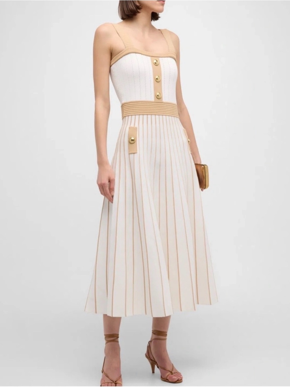 Cara Cara Sleeveless White & Beige Knit Flare Midi Dress
